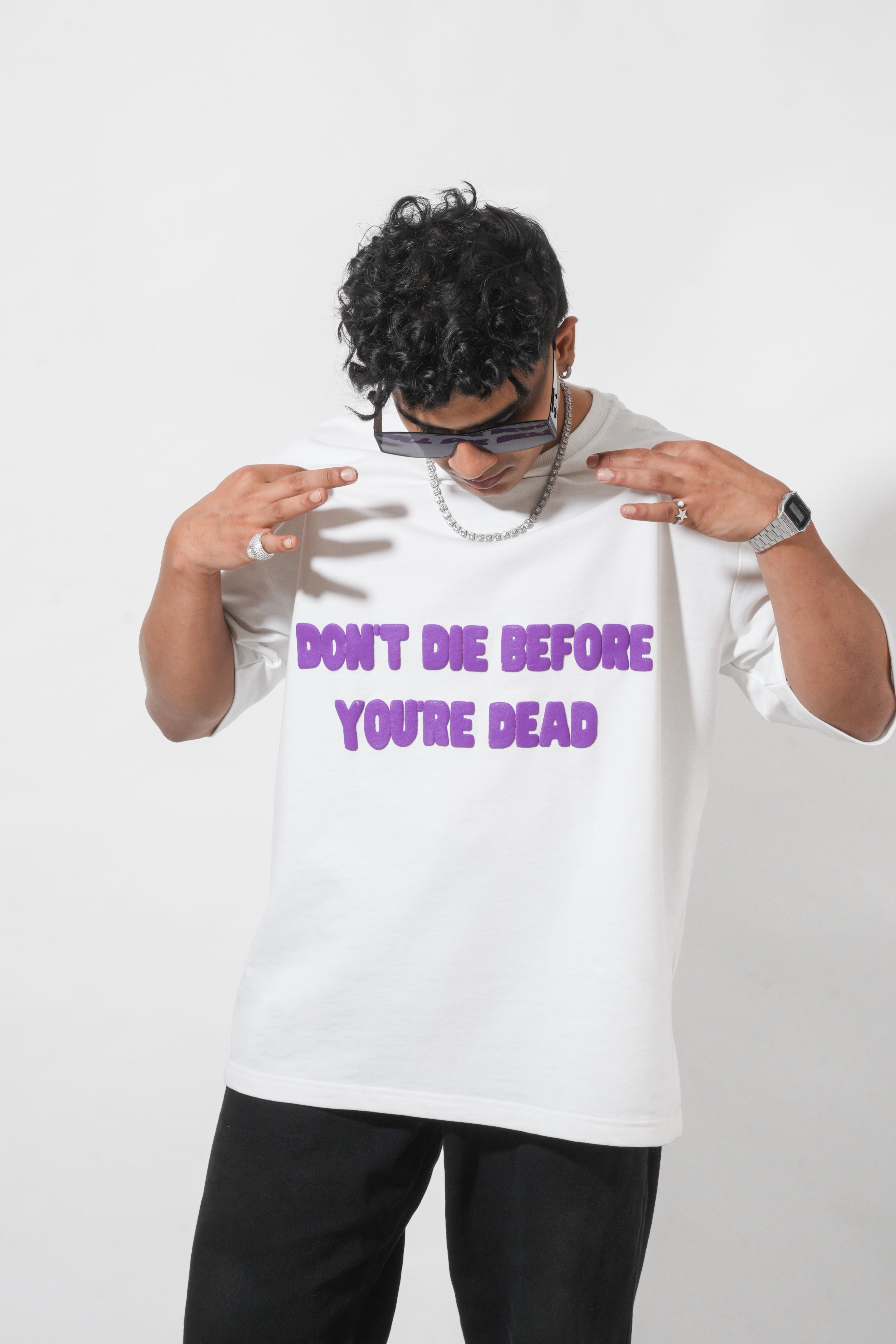 Bold Skull Graphic White T-Shirt with Puff Print