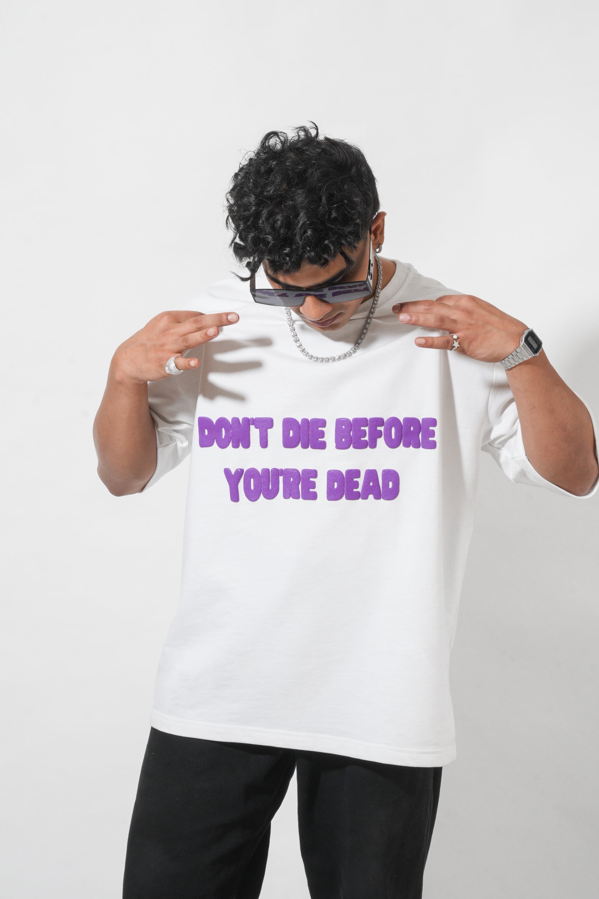 Bold Skull Graphic White T-Shirt with Puff Print