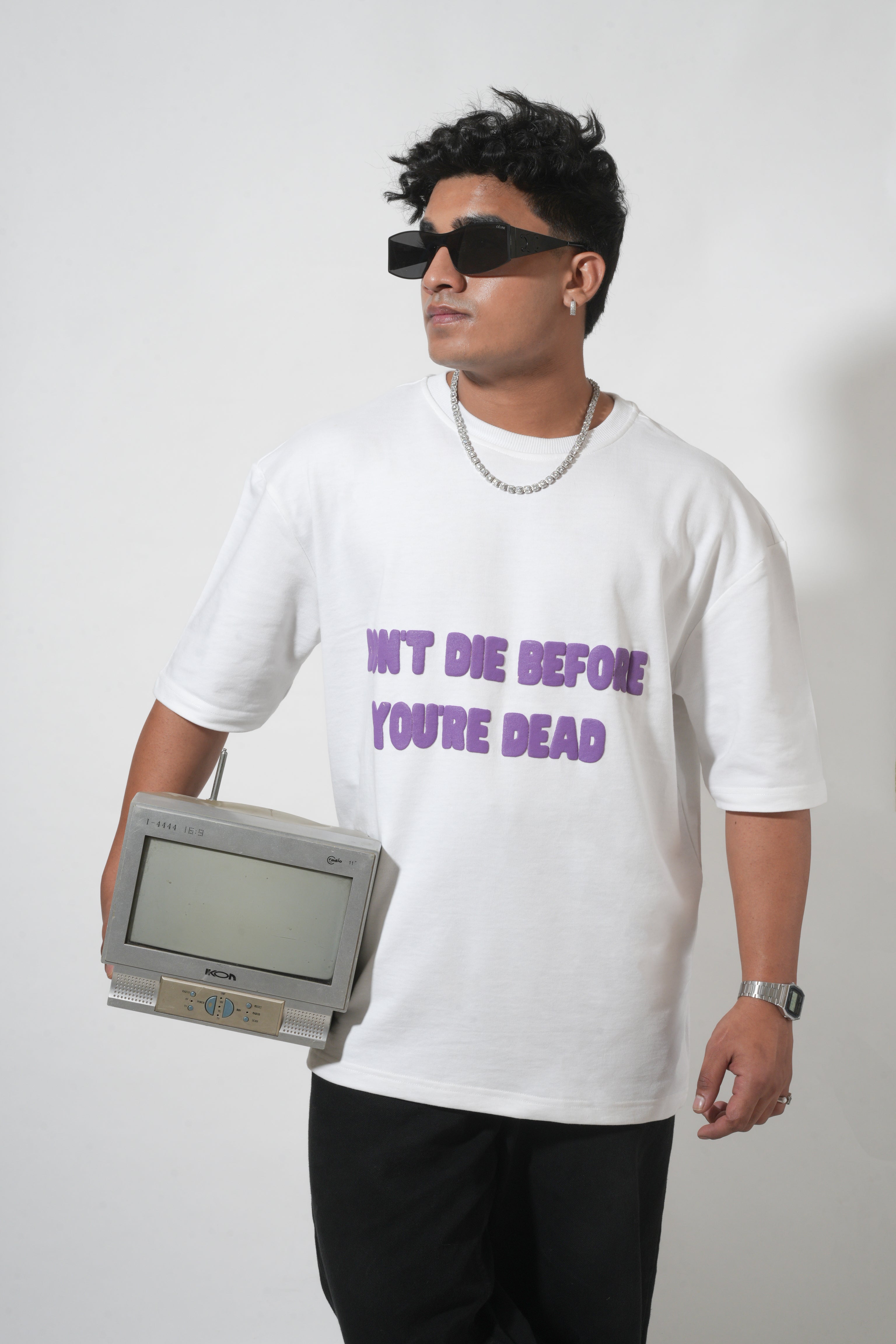 Bold Skull Graphic White T-Shirt with Puff Print