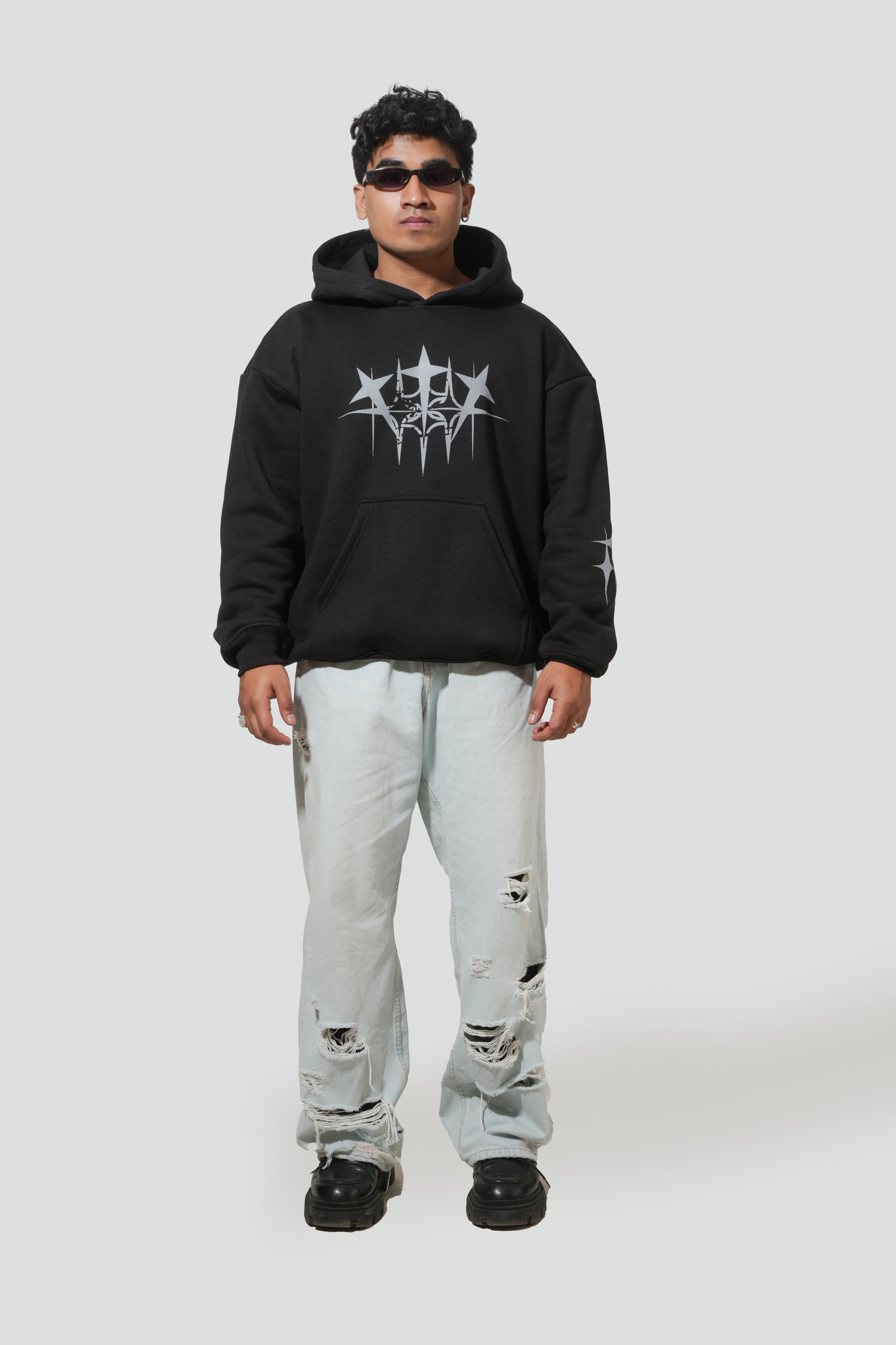 Black Hoodie with Bold Grey Ink Design